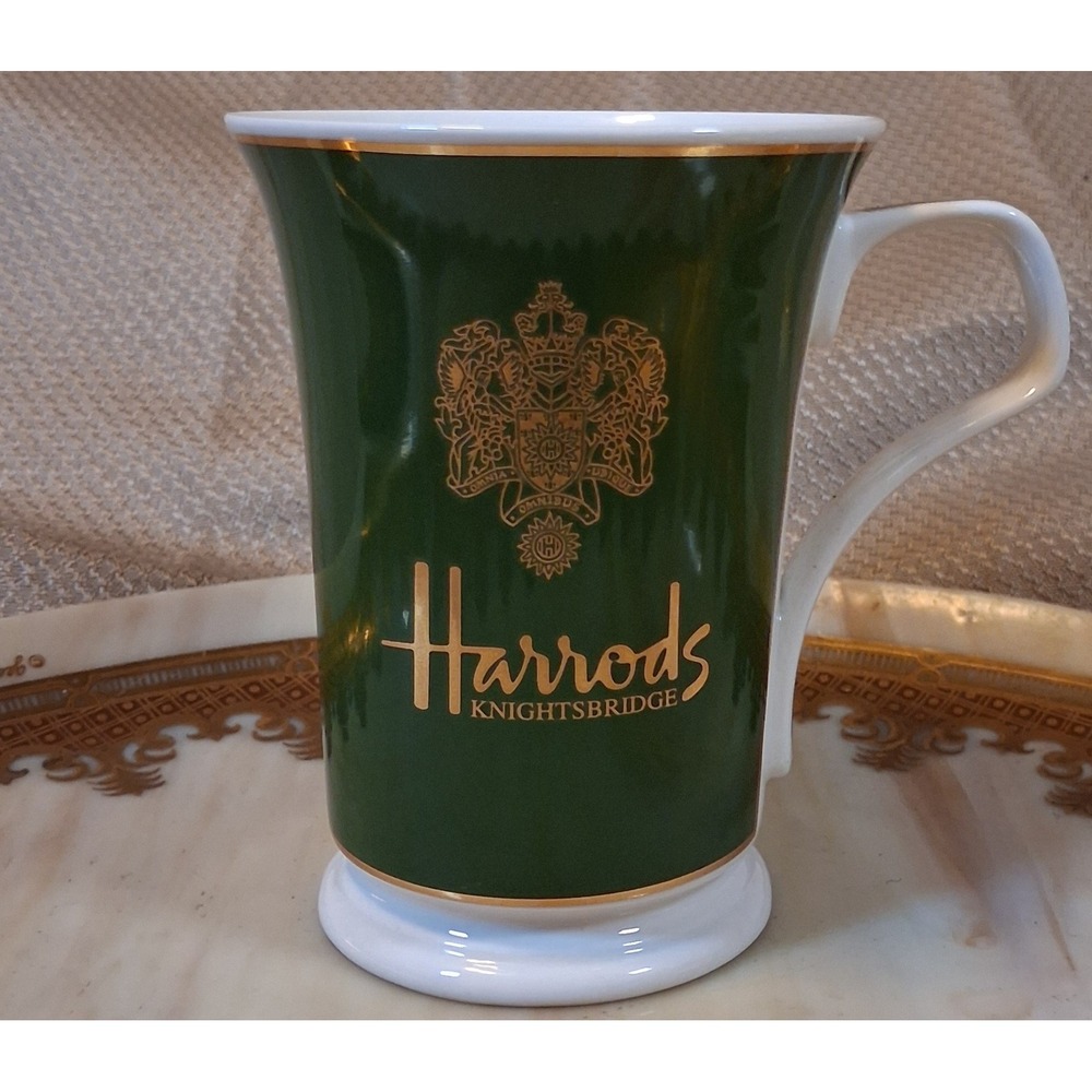 Harrods Knightsbridge Fine Bone China Mug Green Gold Crest Made in England 4.25"